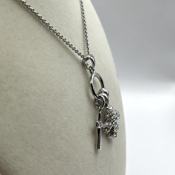 Silver Charm Necklace with Cross and Fleur-de-lis with Rhinestones Necklace - Picture 3 of 14